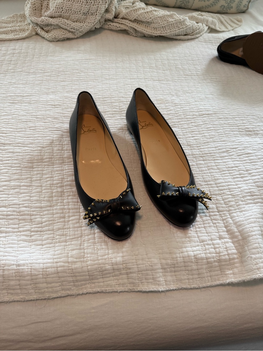 Christian Louboutin Black Leather Pointed Studded Bow Flats